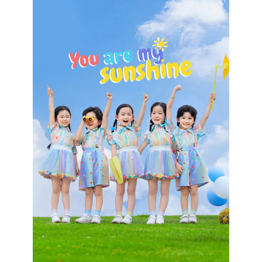 丰灵鸟儿童表演服装六一幼儿园炫彩衬衫背带裤蓬蓬裙舞蹈服啦啦队演出服 3套装832D飞袖彩衬衫+829D彩色球 110