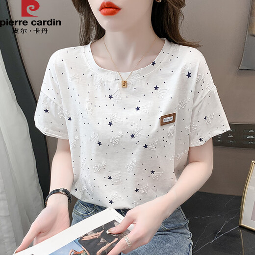 
Pierre cardin pure cotton printed T-shirt for women short-sleeved summer 2025 new loose print design versatile T-shirt top trend 1396 white + 340 blue flower S suitable for 80-99Jin [Jin equals 0.5 kg]