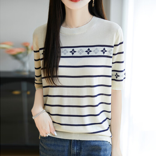 牧什夏季天丝针织短袖女圆领薄款提花针织半袖打底衫莱赛尔新款DMR854 蓝色 M