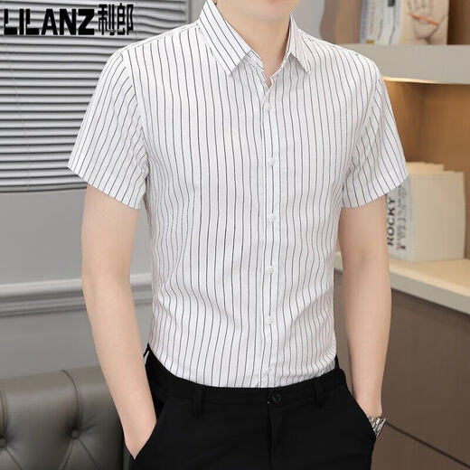 Lilang Striped Hemd Herren kurzärmeliges Sommer-dünnes Eis. Seiden Herren neue Sommergeschäftshemd -Shirt Herren weiß m