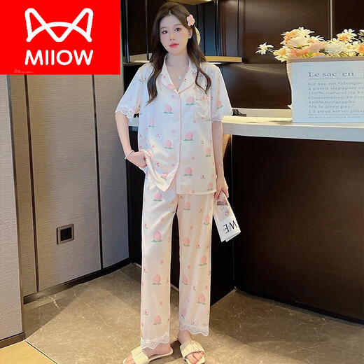 
Catman (MiiOW) ice silk pajamas for women in summer short-sleeved trousers style 2024 new spring and summer thin imitation silk home clothing set FS-9905 peach [short + trousers] M [suitable for 75-95Jin [Jin equals 0.5 kg]]