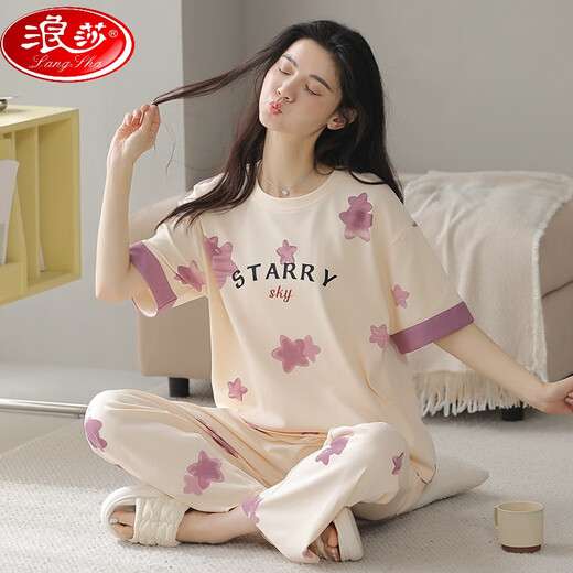 浪莎（LangSha）纯棉睡衣夏季短袖长裤全棉卡通夏天可外穿春秋款家居服套装 YZT9715 短袖长裤 M (80-100斤)
