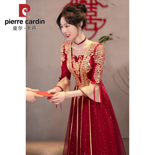 
Pier Cardin toasting suit Bride 2025 new summer burgundy Chinese long-sleeved wedding engagement dress for women burgundy medium-length [684] 2XL