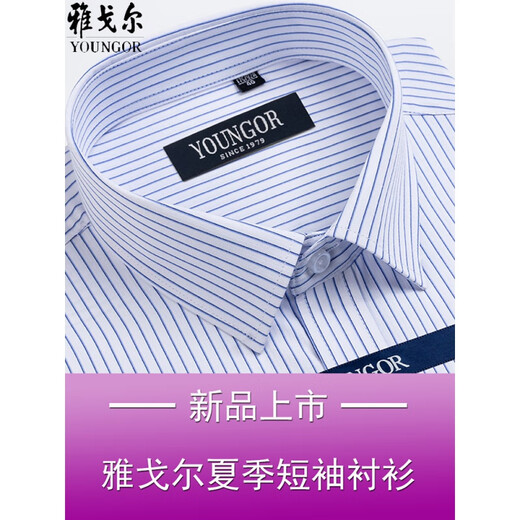 雅戈尓男士短袖衬衫夏季商务休闲职业正装棉免烫中年大码条纹衬衣 DX6623 38