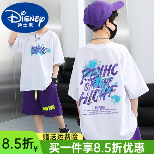 
Disney (Disney) children's clothing boys white T-shirt short-sleeved cotton 2025 new summer children's big summer loose half-sleeved top 9905 white + 1956 black suit [Trendy suit 150 cm