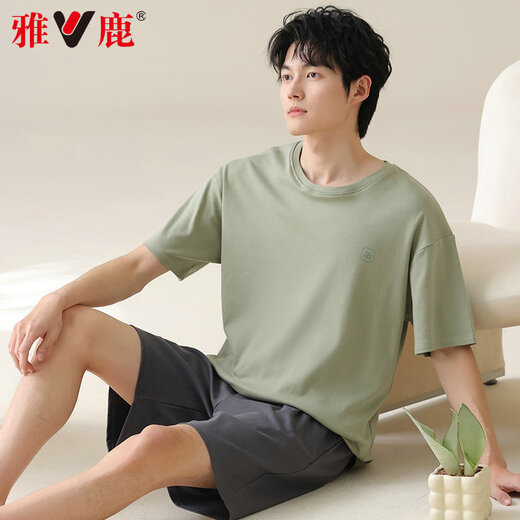 Yalu men's pajamas men's summer thin short-sleeved cotton can be worn outside casual large size boys' home wear suit 42M13601 2XL recommended weight 140-160Jin Jin equals 0.5 kg