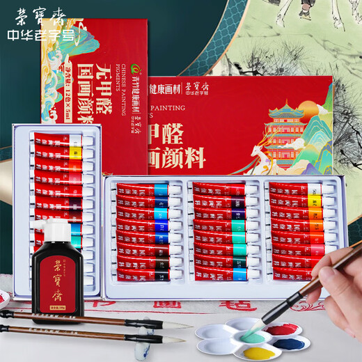 Rongbaozhai Chinese painting paint tool set for beginners, students, children's ink painting, Chinese painting and brush supplies, entry-level set of 12 colors, practical 15-piece set (including storage box)
