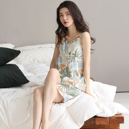 COLORFUL GEMS吊带睡衣女夏季款带胸垫棉纱布家居服2025短袖棉套装 JYR-吊带套N5010 170 M