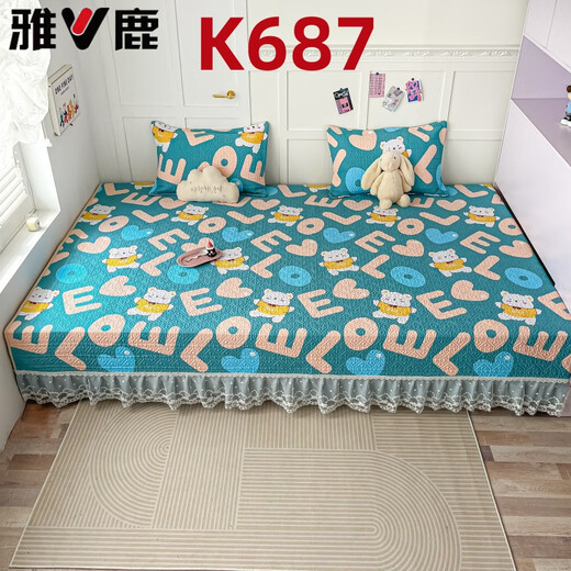 雅鹿榻榻米床盖新款纯棉全棉四季通用农村大炕盖专用防滑夹棉床单床裙 K687 (2米+下垂40厘米)*2.3米