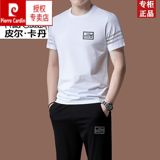 皮尔卡丹夏季男士休闲短袖t恤运动套装薄款冰感桑蚕丝中年潮流两件套针织 旗舰官方-黑色两件套【13062】 M 170(建议90-120斤)