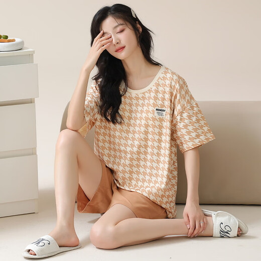 娇彩梦带胸垫睡衣女夏季100%纯棉短袖卡通少女学生青少年家居服套装 QM1343（带胸垫） 全棉 L 女士 (建议95-115斤)