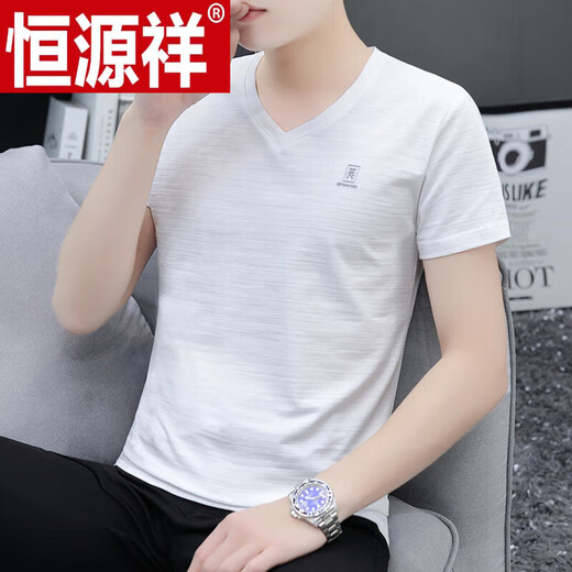 恒源祥夏季短袖Tt恤男V领修身V领潮100%纯棉冰丝R标志半袖 透气I白色691款 M 90-115斤