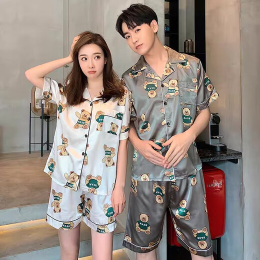 浪莎（langsha）情侣睡衣夏季冰丝薄款短袖一男一女款夏天薄款仿真家居服套装 1517 M 女男L