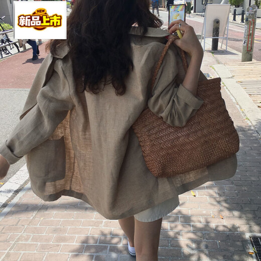初径2025新款棉麻小西装外套女春秋新款韩版宽松休闲亚麻薄款西服复古 驼色 S