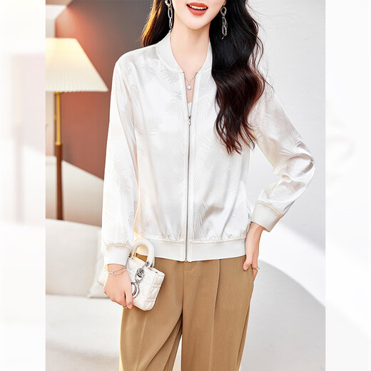 范·爱民重磅桑蚕丝外套女2025春夏薄款夹克衫真丝棒球服新款开衫防晒上衣 羽毛花 XL 建议105-120斤
