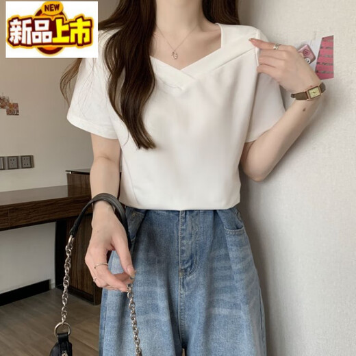 初径（CHUJING）短袖恤女2025新款甜辣胖大码女夏装宽松微胖正肩显瘦遮肚上衣 白色 829-方领弧形下摆 【版】 M 适合80-100斤