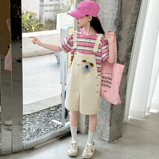 欧颖慕女童夏季背带裤套装新款女大童短袖休闲夏装两件套潮女孩衣服时尚 粉色套装 130 码（建议身高120-130cm）