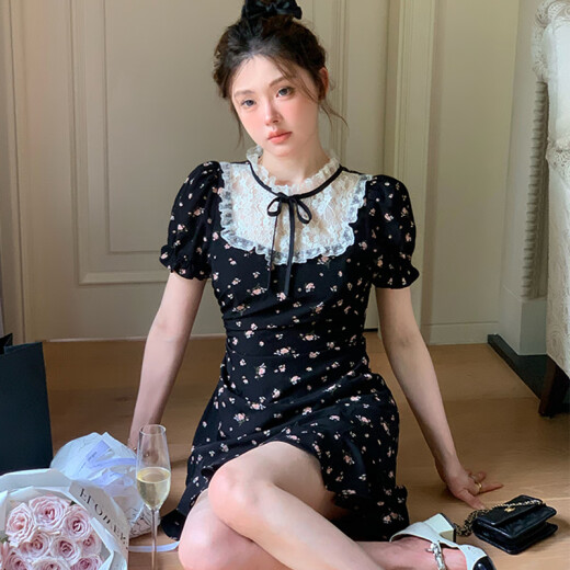 EINDKAD夏季法式今年流行冷淡风钓系约会厅里厅气质绝美黑色碎花连衣裙女 黑碎花短款【小众设计感/法式连 XL