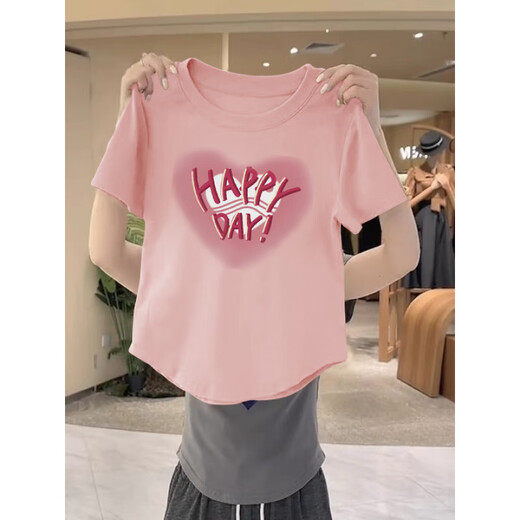 Rosa vordere Schulter kurzärmeligte T-Shirt für den Sommer für Frauen 2025 Neues Design Nische gebogen