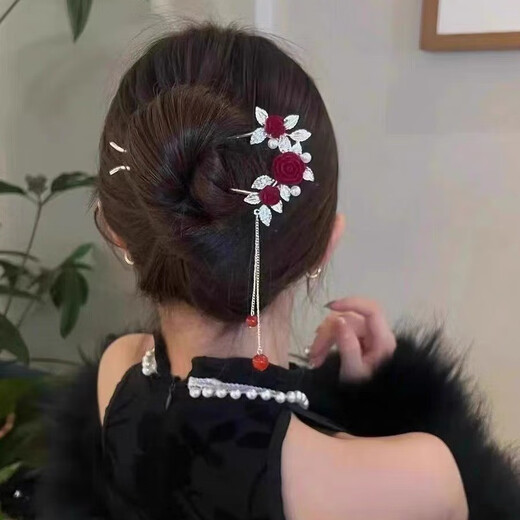 Bo Na Ling U-shaped hairpin red new Chinese style tassel rose hairpin women's ancient style high-end hairpin knot engagement hairpin headdress rose red bead tassel hairpin