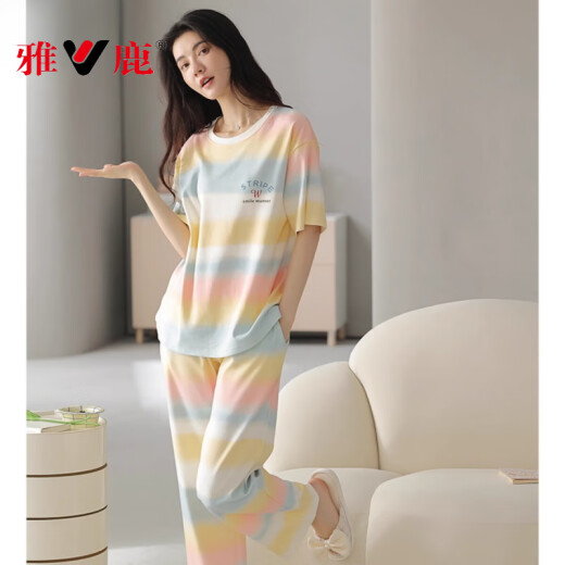 雅鹿睡衣女夏季纯棉短袖长裤2025新款夏天女款网红风家居服套装 -9715 M 【建议80-100斤穿】
