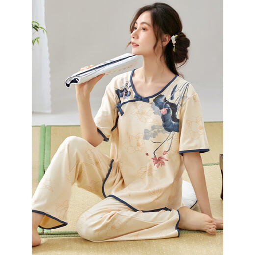 浅伊琳女士短袖睡衣套装夏季薄款长裤夏天新中式国风仿棉家居服可外穿 l9905 M  (建议75-95斤)