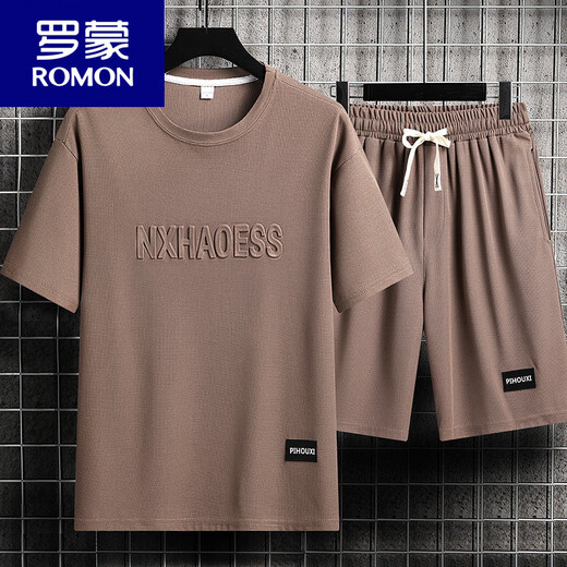 ROMON Lässiger Sportanzug für Herren, Sommer, trendiges Eisseiden-T-Shirt, dünne Shorts, große, kurzärmelige, hübsche, passende zweiteilige Anzug-TZ829 Khaki-Oberteil + Hose M empfohlen 90-110Jin Jin entspricht 0,5 kg