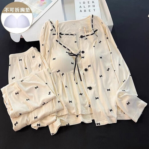 Fhhuabd-Pyjamas mit Baumwoll-Reisstadel für Frauen Frühling und Herbstmodal warm warm, langhärme graue Schlinge Bug Kleidung Drei-teilige Set 6621#. Schwarz-Modal Drei-teiliges Set L empfohlen 100-120jin [Jin ist gleich 0,5 kg]