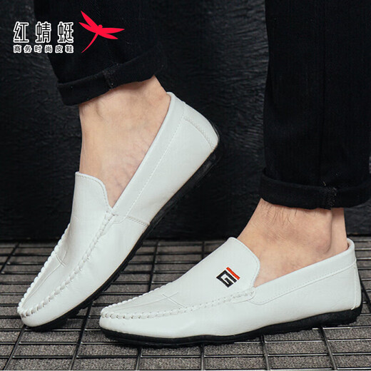 Red Dragonfly Spring 2025 new Doudou shoes men's leather shoes Korean version driving shoes lazy shoes social trend casual men's shoes white 9880 44 recommended to take a larger size