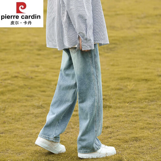 Pier Cardin men's trendy jeans men's 2025 new casual men's summer pants for boys loose straight wide-leg men's pants K693 grinding white grey (elastic waist) M