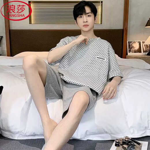 浪莎（LangSha）男士睡衣夏季莫代尔棉薄款短袖加大码休闲圆领夏天男式家居服套装 6196灰莫代尔套装初高中生夏季睡衣 L 90-120斤初高中生夏季睡衣