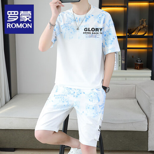 Romon 2025 summer new gradient color short-sleeved men's suit youth versatile shorts two-piece casual sports suit men 6187 gray XL
