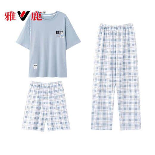 雅鹿夏天三件套男士睡衣夏季可外穿大码家居服青少年男款短袖长裤纯棉 13077+K15027 L