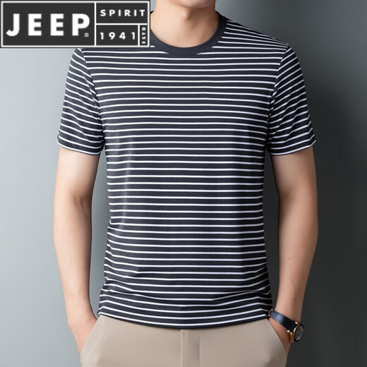 JEEP SPIRIT夏季加肥加大码胖子海魂衫短袖T恤男士中老年宽松蓝白条纹海军衫 9866绿色 XL 180