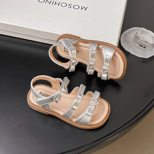 Girls Princess Sandals 2025 Summer New Children's Sandals Soft Sole Medium and Large Children's Open Toe Sandals Velcro Girls Silver Size 29 Inner Length Approximately 18.2cm