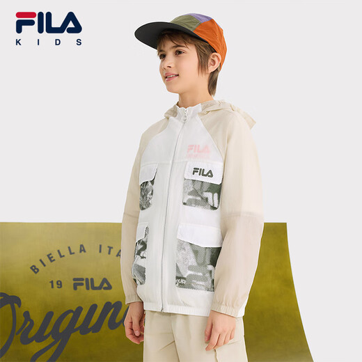 FILA Children's Clothing Children's Sun Protection Clothing 2025 Summer New Boys' Hooded Loose Woven Jacket Cloud Mushroom White-WT 160