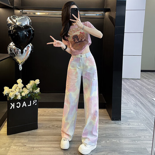 Kaizitu Ymeng Europäischer Modeanzug für Frauen im Sommer Neue modische altersreduzierende Kurzärmel-Kurzärmel-Top-Weitbein-Hosen zweiteiliger Set 7009A Pink Kurzärmelte + 7047B Jeans S S