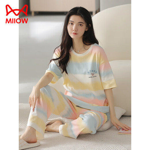 猫人（MiiOW）夏季女士短袖睡衣套装100纯棉长裤家居服全棉可外穿夏天条纹卡通 Y9716 XL (建议115-130斤)