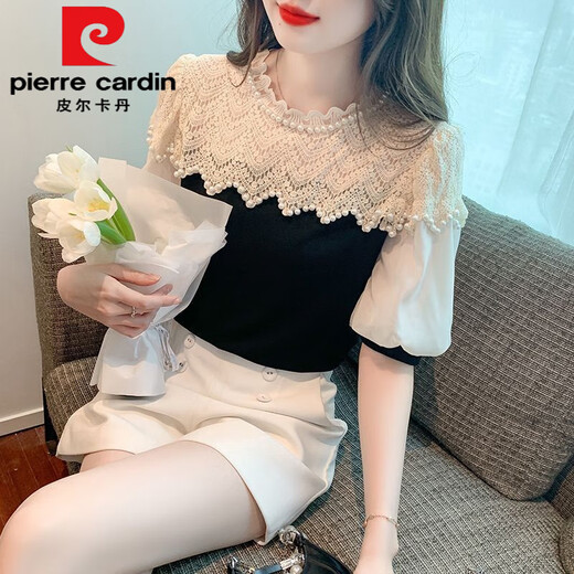 皮尔卡丹（pierre cardin）夏季甜美荷叶重工钉珠蕾丝拼接泡泡气质百搭短袖上衣甜美上衣女 841今年流行的轻奢品牌 L 建议85-100斤