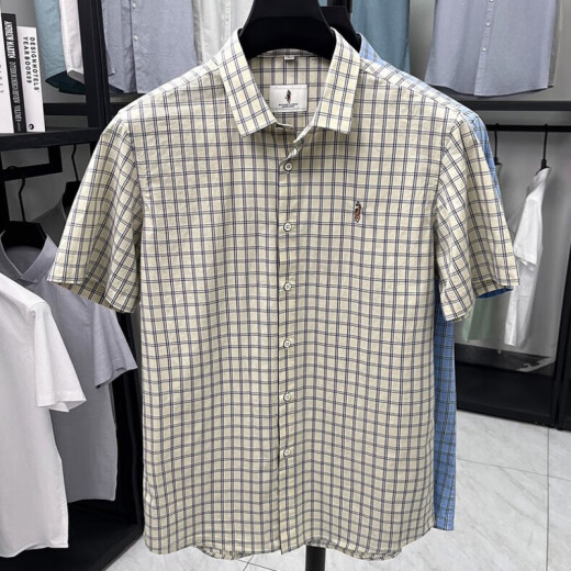 老人头（LAORENTOU）纯棉夏季新款男士短袖衬衫商务休闲格子半袖男上衣衬衣中青年 AN15271卡其 XL