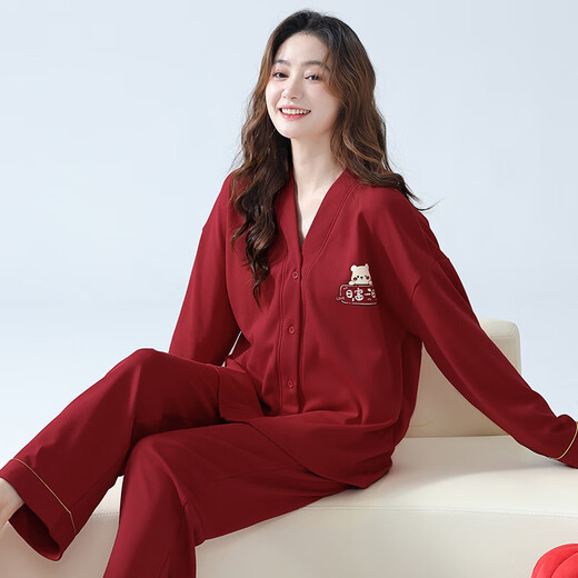 大红睡衣女款结婚新婚春秋款纯棉套装秋冬季喜庆本命年V领家居服 W9754套装 M 70-90斤