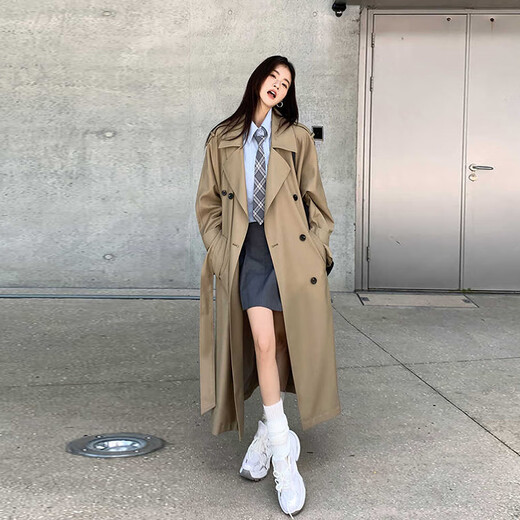Garnuo Khaki Windbreaker veste pour femmes mi-longueur 2025 printemps et automne Nouveau petit manteau décontracté de style britannique Khaki L [131-150jin [Jin est égal à 0,5 kg]]]