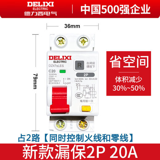 Delixi Electric leakage protector 2P 20A DZ47SLES small household miniature circuit breaker main switch air switch air switch with leakage protection