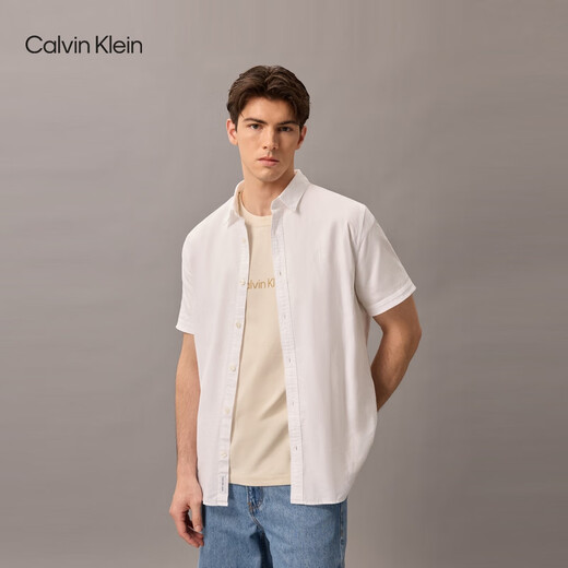 Calvin KleinJeans春夏男士商务休闲通勤ck简约刺绣棉亚麻短袖衬衫J317422 YAF-白色 M （建议130-150斤）