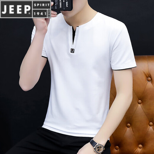 JEEP SPIRIT夏季新款男士短袖纯色修身鸡心领t恤棉质V领半袖凉感男生t恤潮牌 QY-694 V 领-黑色 XL 120-135斤