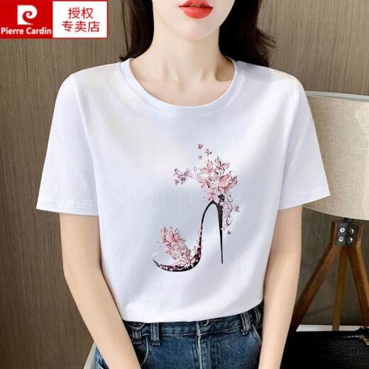 皮尔卡丹（pierre cardin）浅粉色纯棉短袖t恤女士宽松气质减龄印花半袖夏装2025年新款上衣 6172皮粉 短袖 M (建议80-105斤)