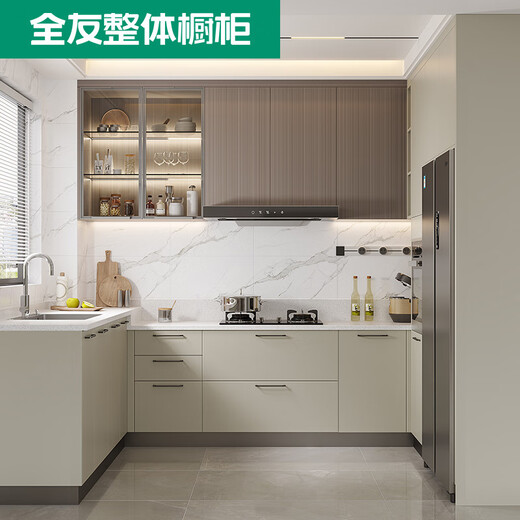 Quanyou (QUANU) whole house kitchen cabinet customization open U-shaped kitchen stove cabinet integrated modern era particle board 7m cabinet (3m base cabinet + 3m countertop + 1m wall cabinet)