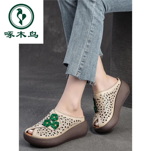 Specht echtes Leder im Sommer ethnischer Stil Schöne Blumensandalen mit echtem Leder-Retro-Stil modisch dicker Fischschuhe braun 35