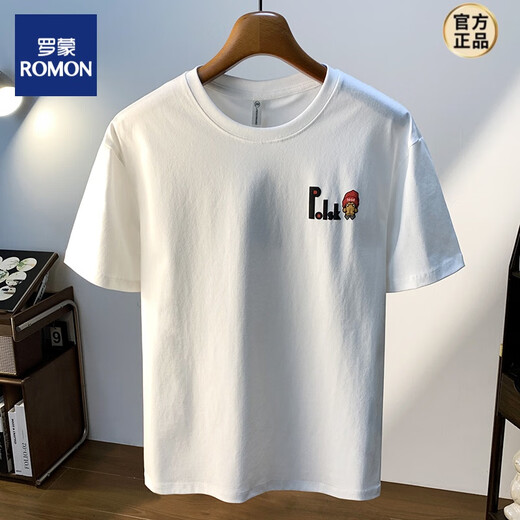 罗蒙（ROMON）大码200斤圆领短袖T恤男2025年夏季港风印花棉质体恤加肥加大男士 白色 JSW9923 M 建议90-108 斤