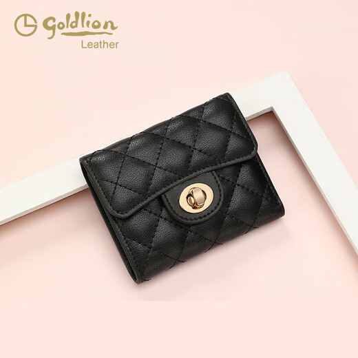 GY goldlion金利来女士钱包真皮小众钱夹女式黑色休闲钱夹零钱包简约潮流卡包 黑色